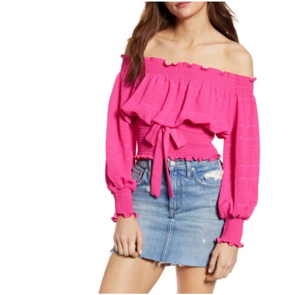 WAYF Barbie Pink Smocked Off the Shoulder Blouse Balloon Sleeves Top - Picture 1 of 12